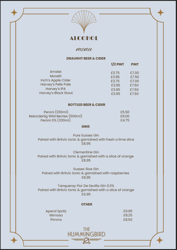 HB alcohol 2 Hummingbird Lunch Menu