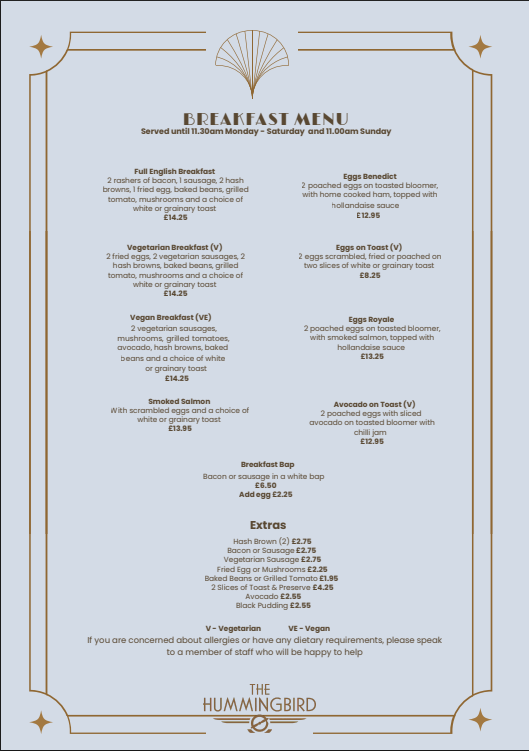 Hummingbird Breakfast Hummingbird Breakfast Menu