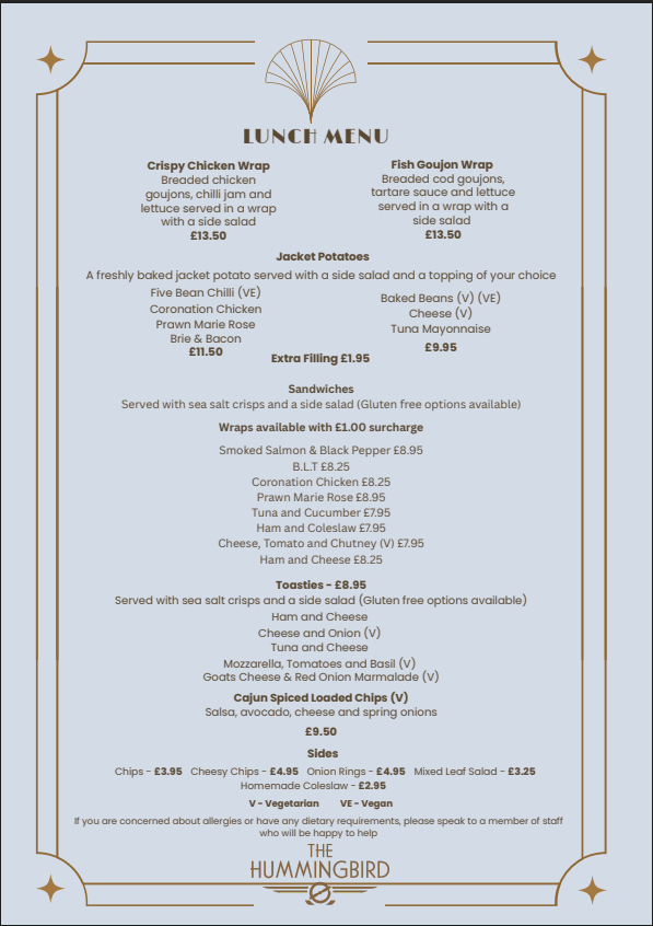 Hummingbird lunch 2 Hummingbird Drinks Menu