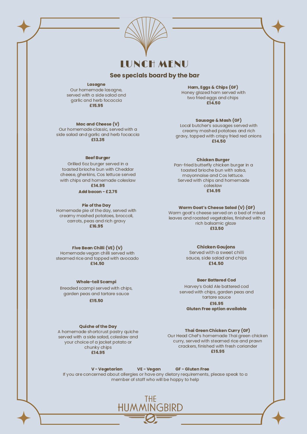 Winter Menu 2026 Hummingbird Lunch Menu